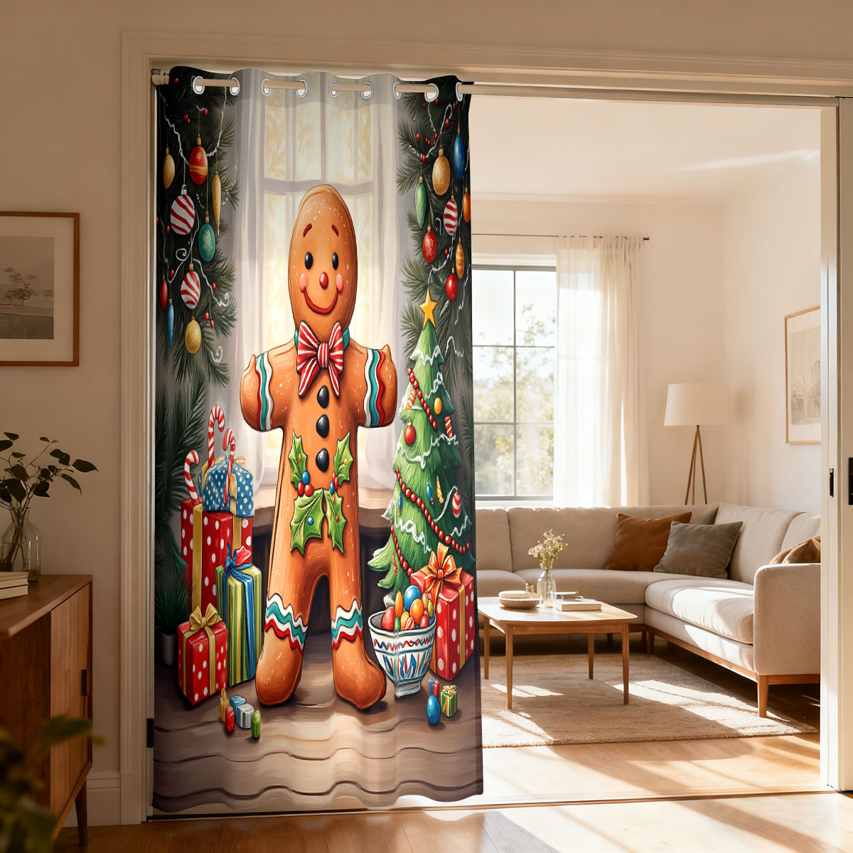 Home Decor Curtain - Рождественская занавеска с имбирным человечком, однопанельная,